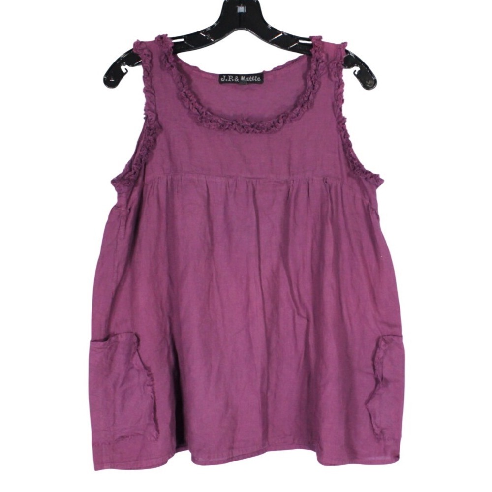 J.P. & MATTIE Purple COTTON LAWN Lagenlook BLOUSE/TANK TOP Patch/Fray Trim S